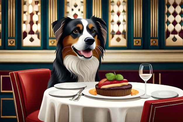 A dog sits at a table with a cake and a plate of food.