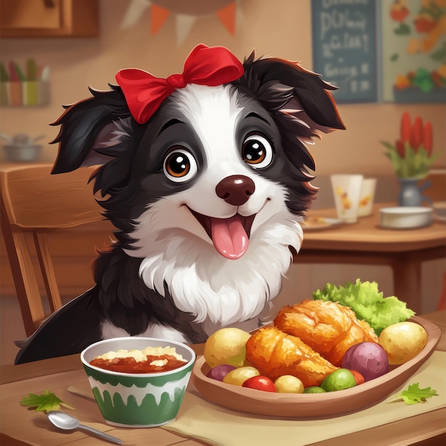 a dog sits at a table with a plate of food and a bowl of food