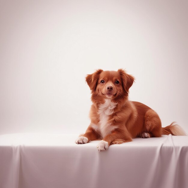 Photo a dog sits on a table with a white background