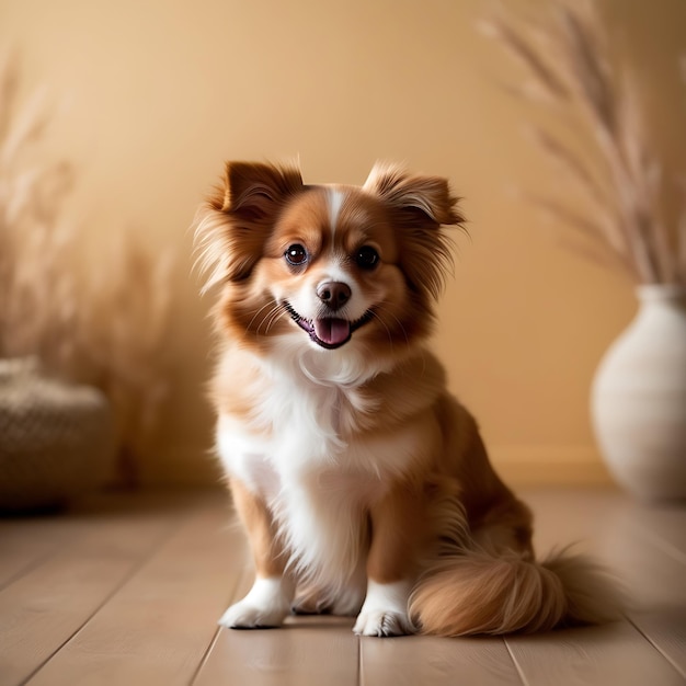 a dog sits on a tiled floor with a potted plant in the background