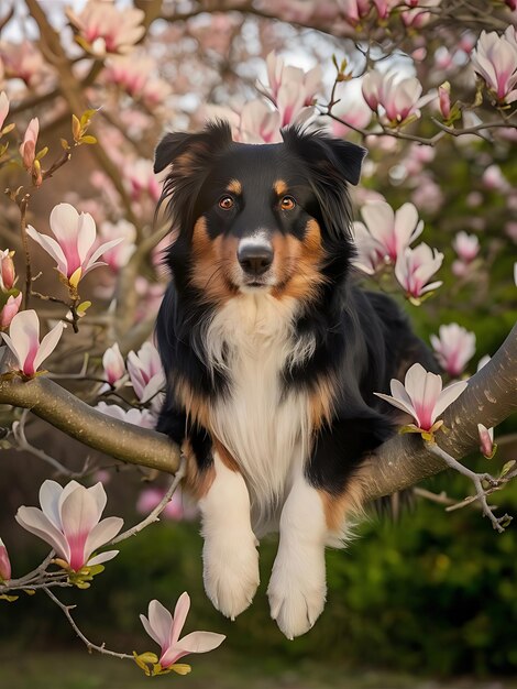 a dog sits in a tree with a pink flowered tree in the background