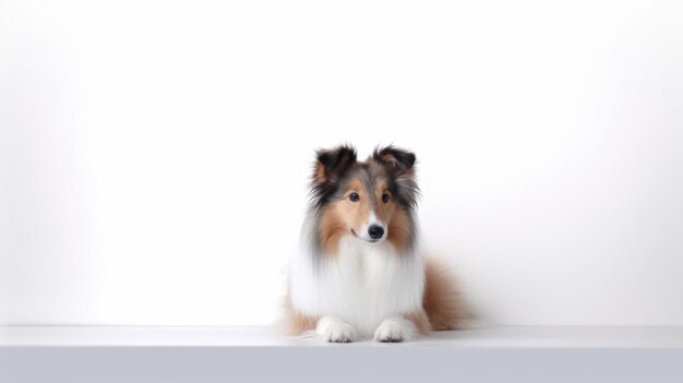 Photo a dog sits on a white table in front of a white background.