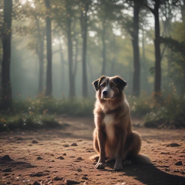 a dog sits in the woods in the morning