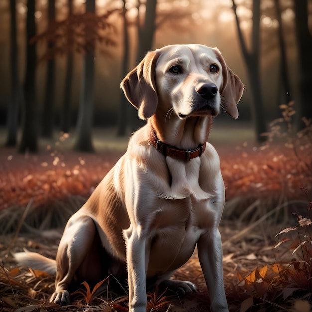 a dog sits in the woods with a red collar