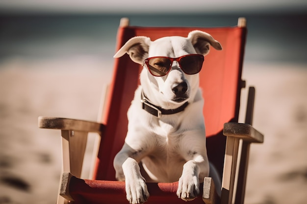 A dog sitting in a chair on the beach wearing sunglasses