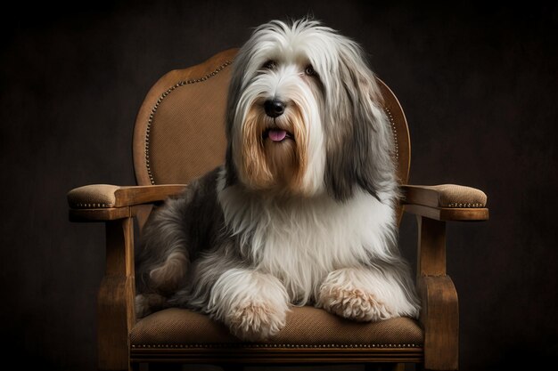 A dog sitting in a chair with a dark background