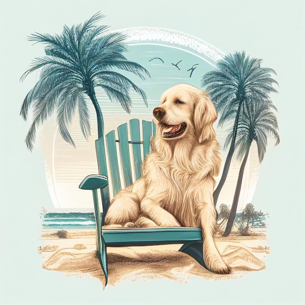 Dog sitting in a chair with and palm trees generative ai