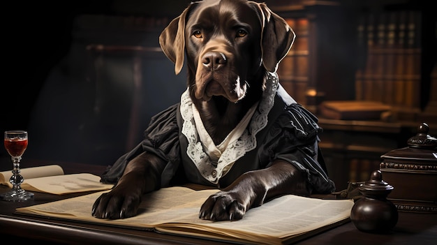 dog sitting on a courtroom table