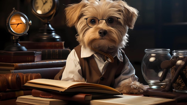 dog sitting at a desk with glasses and a teacher's gown