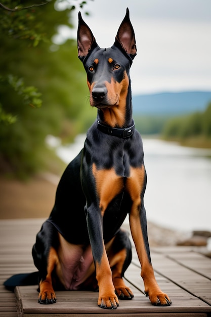 A dog sitting on a dock with a river in the background