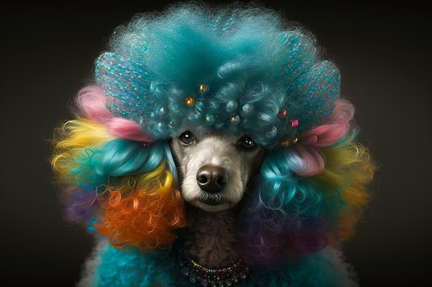 dog sitting at a dog groomer with dyed hair on his head in blue and rainbow colors