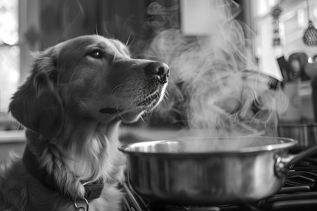 A dog sitting in front of a pan on a stove