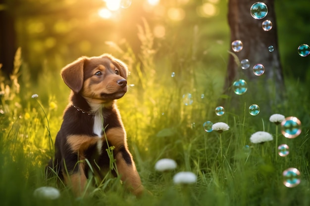 a dog sitting in the grass with bubbles in the air