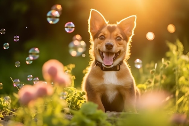 a dog sitting in the grass with bubbles in the air