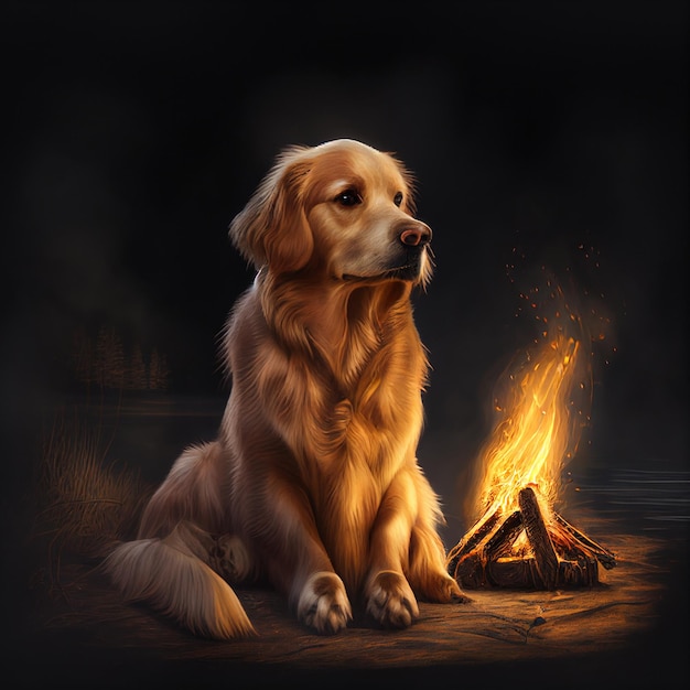 Dog sitting on the ground near a bonfire generative ai