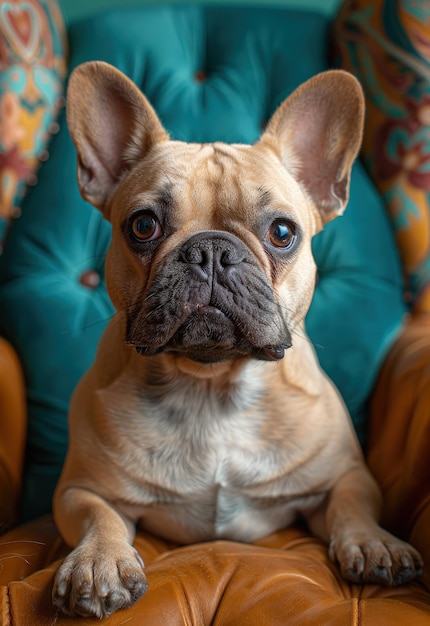 a dog sitting on a leather chair with a blue cushion