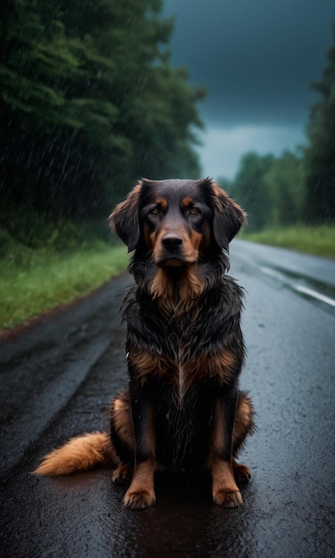 a dog sitting in the middle of a road