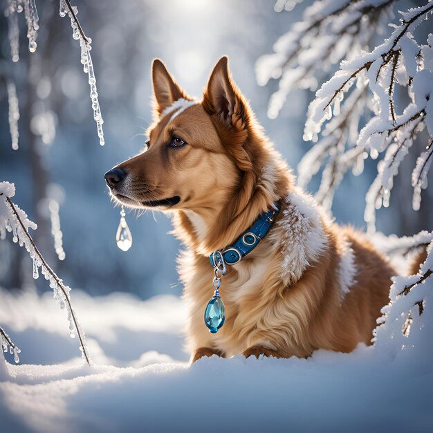 a dog sitting in a snowy landscape with snowcovered trees icicles hanging from the branches