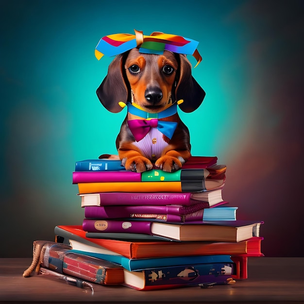 A dog sitting next to a stack of coloring books is ready for adventure