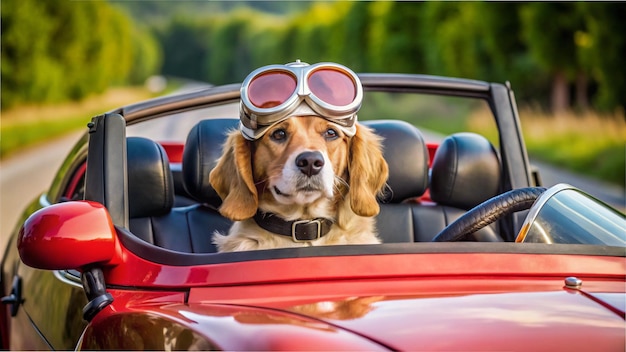 Photo a dog sitting in a toy convertible car wearing driving goggles and looking ready for a road trip