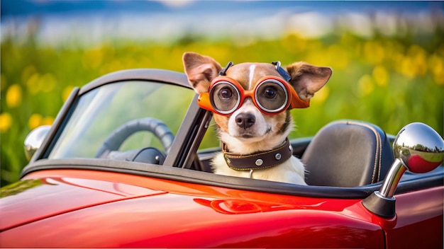 Photo a dog sitting in a toy convertible car wearing driving goggles and looking ready for a road trip