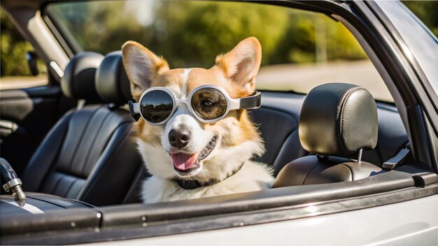 A dog sitting in a toy convertible car wearing driving goggles and looking ready for a road trip