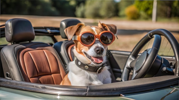 A dog sitting in a toy convertible car wearing driving goggles and looking ready for a road trip