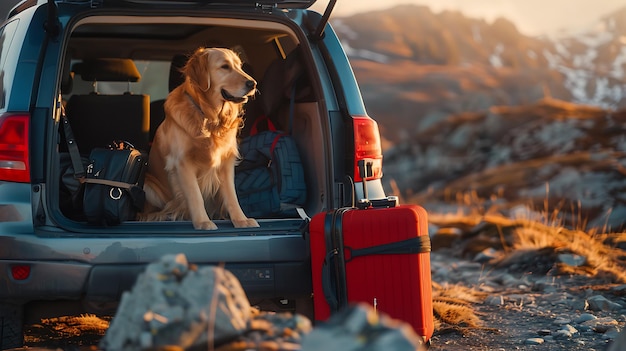 Photo a dog sitting in the trunk of a car on the background of mountains and sunset