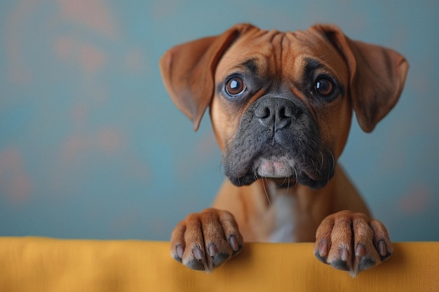 Dog sitting with one a paw up and looking at camera Generative AI