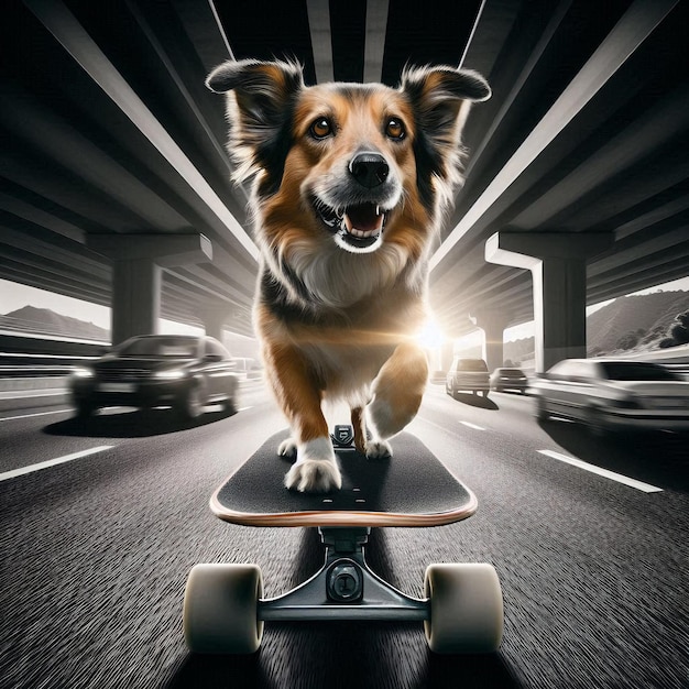 A dog on a skateboard in highway