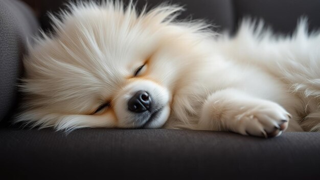 Photo a dog sleeping on a couch with his eyes closed