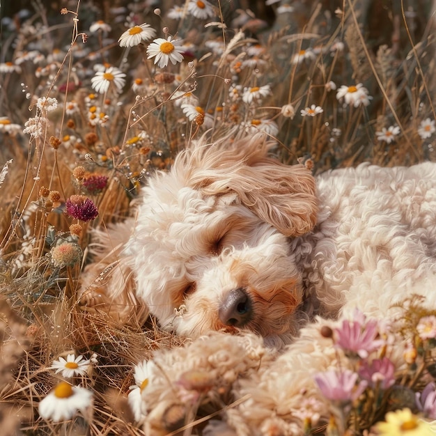 Photo a dog sleeping in a field of wild flowers