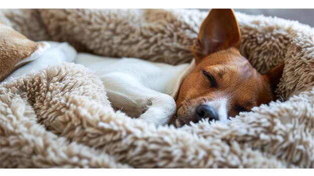 Photo a dog sleeping on a fluffy blanket with a brown blanket