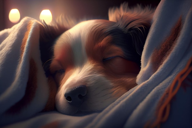 A dog sleeps on a blanket with a blue blanket.