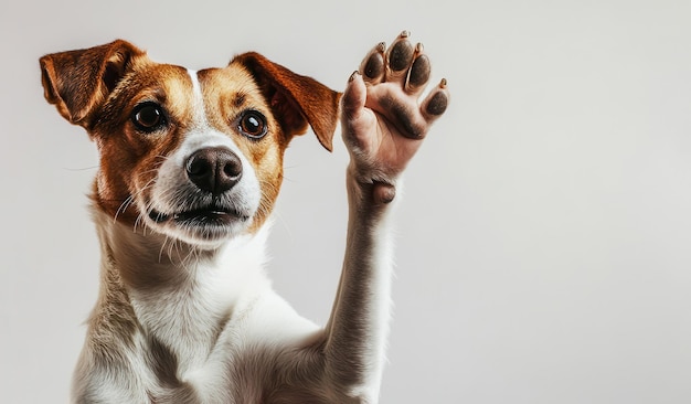 Photo dog smiling and waving with its paw on a white background