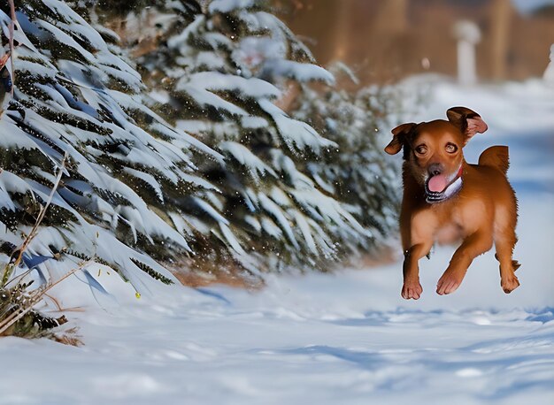 Photo dog in the snow and an energetic pup bounding through a snowcovered landscape