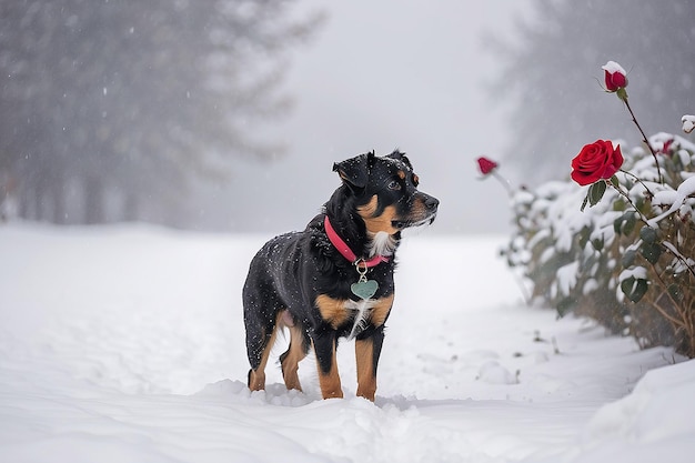 A dog in a snow storm with a red rose