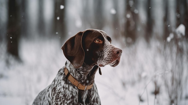 A dog in the snow with a collar that says'hunting dog '