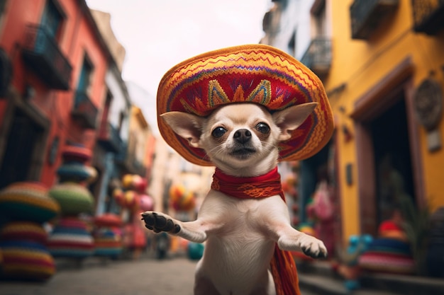 A dog in a sombrero dances on a city street