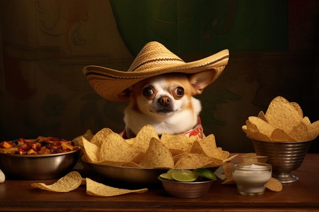 A dog in a sombrero at a table with Mexican food tacos