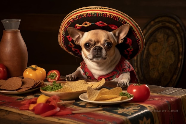 A dog in a sombrero at a table with Mexican food