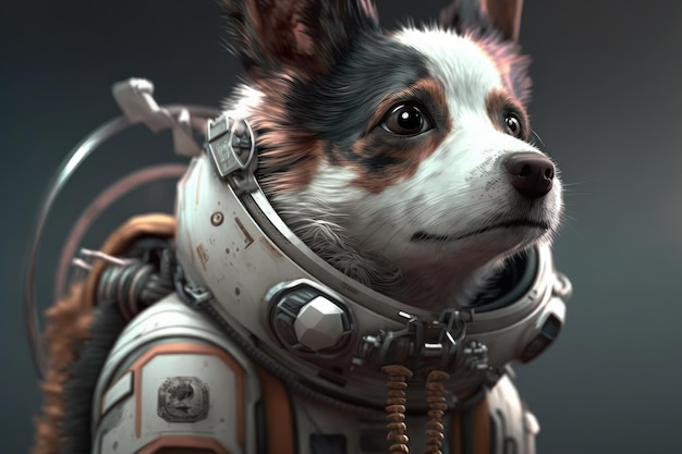 A dog in a space suit with a corgi on it.