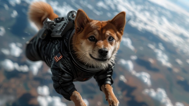 Photo dog in a spacesuit floating in space photography for design and print aig51