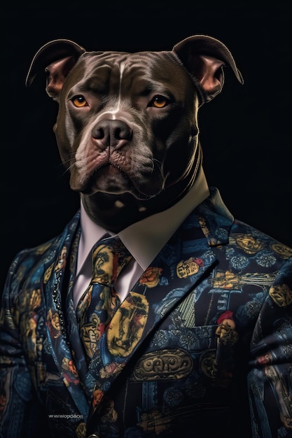 Dog Staffordshire Bull Terrier dressed in an elegant suit with a nice tie Fashion portrait of an