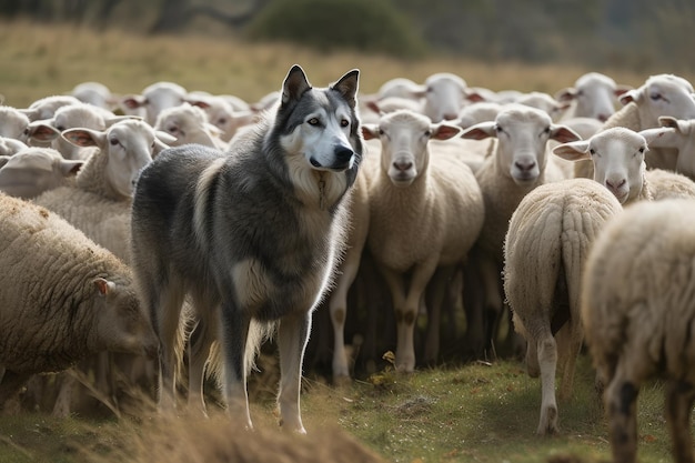 A dog standing in front of a herd of sheep generative AI