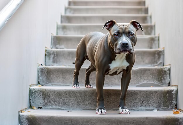 a dog standing on some stairs with a white spot on his chest