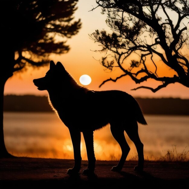 A dog stands in front of a sunset with the sun setting behind it.