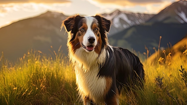 Dog Stands in Green Tall Grass Amidst Mountains and Sunset Backdrop