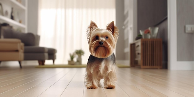 A dog stands in a living room