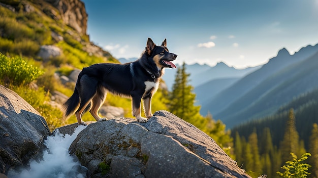 a dog stands on a rock in front of a mountain with a mountain in the background